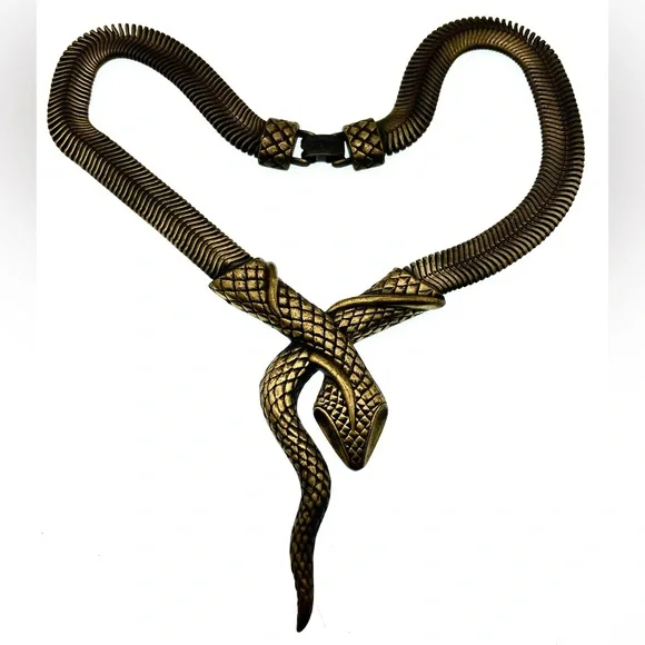 Vintage Bronze Tone Mesh Chain Snake Necklace Choker Bold Unique Statement - Picture 6 of 8